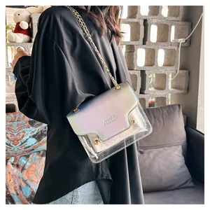 Detail view of the stylish clear chain crossbody bag, featuring iridescent flap and metal strap.