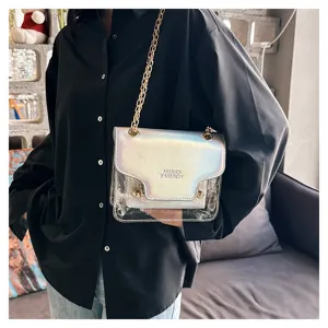 Holographic clear crossbody bag detail shot, featuring metallic chain strap and flap closure.