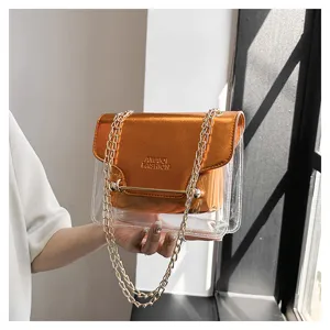 Clear PVC and metallic orange crossbody bag detail, featuring gold chain and chic bar accent.