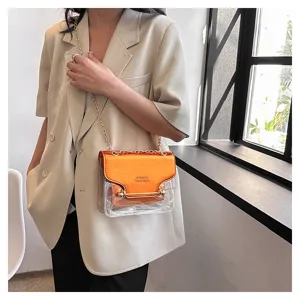 Transparent small square bag stylish color-blocking chain shoulder messenger bag for women