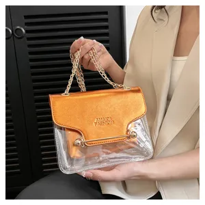 Clear PVC chain crossbody bag detail view featuring orange pouch and stylish gold hardware finish.