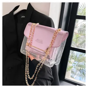 Transparent small square bag detail, featuring contrast pink metallic PU and stylish chain.