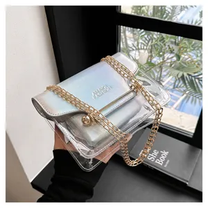 Detailed view of a trendy transparent PVC shoulder bag featuring a holographic inner and gold chain.