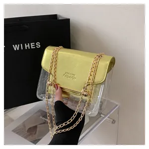 Close-up detail of the clear PVC shoulder bag with metallic gold flap and chunky chain strap.