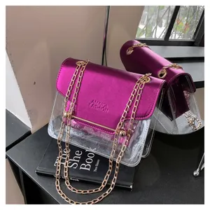 Clear transparent crossbody bag with metallic purple flap and gold chain strap detail view.