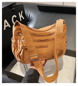 Damen Leinwand Umhängetasche mehrere Reißverschlüsse Handtasche lässige Pendler Tasche