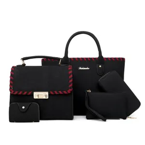 Women black handbag set 5 pieces matte shoulder tote bag with woven red trim daily use
