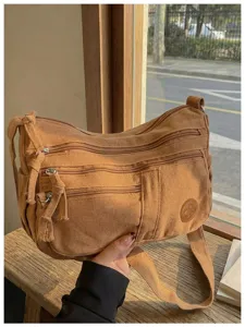 Damen Canvas Umhaengetasche, Mehrfachtaschen Dumpling Schultertasche, grosse Pendeltasche.