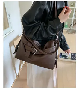 Retro vintage motorcycle shoulder bag large capacity brown PU leather hobo crossbody tote