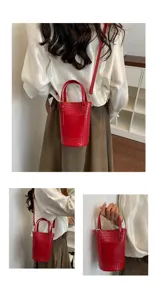 Stylish red woven bucket bag for women, versatile PU leather shoulder and handbag for daily use.