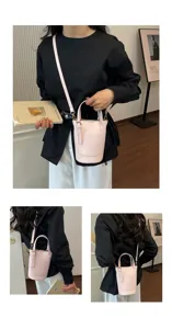 Stylish pink woven bucket bag for women, trendy PU leather single shoulder handbag for daily use.