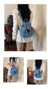 Sac à dos en denim décontracté pour femme, grande capacité sac d'école stylé, sac étoyen tendance.