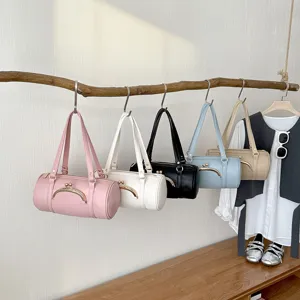 Trendy Women PU Leather Cylinder Underarm Bag Vintage Stitching Kiss Lock Handbag Shoulder Bag Casual Everyday Tote Purse