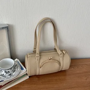 Minimalist litchi pattern barrel shoulder bag, stylish casual handbag for women and daily use.