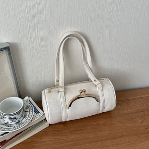 Chic white litchi pattern cylindrical shoulder bag stylish barrel handbag daily wear