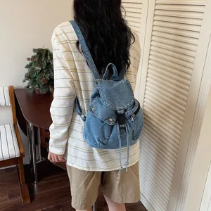 Sac à Dos Décontracté en Denim pour Femmes Grande Capacité Sac d'École en Denim Lavé Rabat Couleur Unie Sac à Bandoulière Filles Étudiant Voyage Sac à Dos