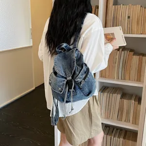 Sac à dos en denim décontracté pour femme, grande capacité, cartable élégant pour étudiante.