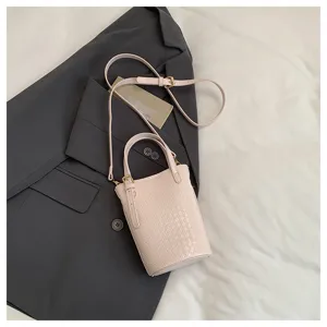 Chic pink woven bucket bag for women elegant single shoulder bag stylish PU leather handbag