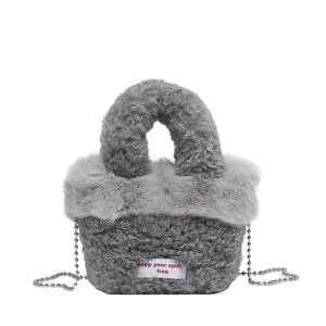 Fluffy faux fur handbag for women, cute grey plush crossbody bag with chic chain strap.