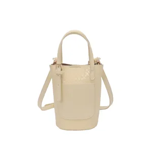 Beige woven bucket bag for women stylish shoulder handbag with top handle and pocket