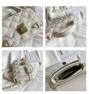 White quilted crossbody bag with gold chain strap, elegant shoulder handbag for women details.
