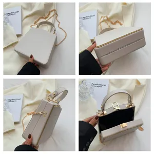 Chic structured top handle box bag for women with gold chain strap and elegant clasp.