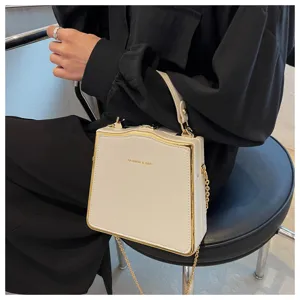 Close-up detail shot of cream structured box handbag featuring elegant gold trim and chain strap.