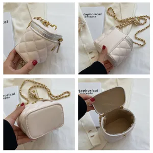 Chic quilted chain vanity bag for women, elegant beige shoulder crossbody handbag.