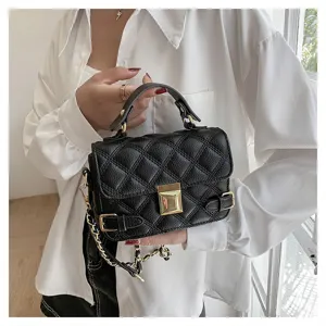 Black quilted chain handbag for women, elegant top handle cross body small square shoulder bag.
