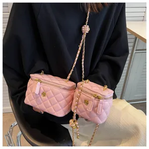Pink quilted chain vanity bag women stylish shoulder crossbody box handbag summer new