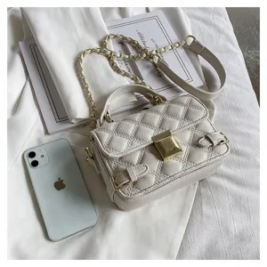 Elegant quilted chain crossbody bag for women, chic shoulder handbag with metal lock.