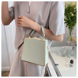 Detailed shot of trendy light green box handbag with gold frame, chain strap, and elegant design.