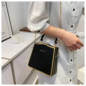 Black box handbag for women, chic PU leather crossbody bag with gold chain and handle.