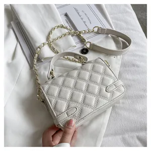 White quilted crossbody bag with gold chain strap, elegant top handle small shoulder bag.