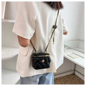 Detailed view of the black quilted chain vanity bag, showing exquisite metal hardware and strap.