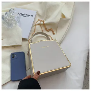 Elegant structured box handbag with chain strap, chic fashion style for modern women.