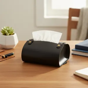 Detail view of luxury leather tissue box, retro saddle leather napkin holder for home office desk.