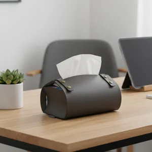 Modern leather tissue box holder for home office desk, elegant desktop organizer container.