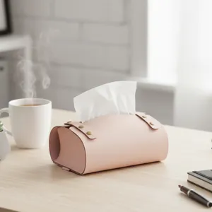 Pink leather tissue box, elegant saddle leather napkin holder for living room and desk.