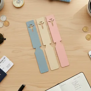Detailed view of creative PU leather luggage tags with airplane cutout design in three colors.