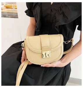 Women PU leather saddle bag beige stylish crossbody shoulder bag detailed view display