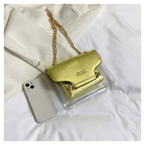 Detailed view of trendy transparent chain crossbody bag with chic gold inner pouch.