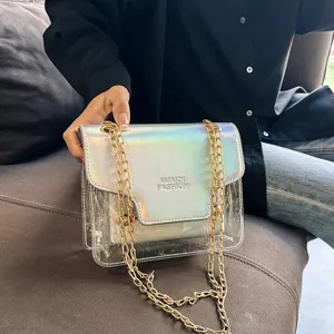 Women Trendy Transparent PVC Patchwork PU Leather Square Bag Clear Holographic Laser Chain Crossbody Shoulder Bag For Daily Casual