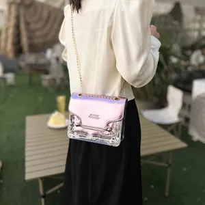 Transparent shoulder bag with pink metallic flap and chain strap worn outdoors style.
