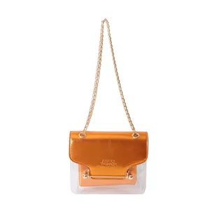 Transparent crossbody bag, stylish orange flap and premium gold chain strap for daily wear.