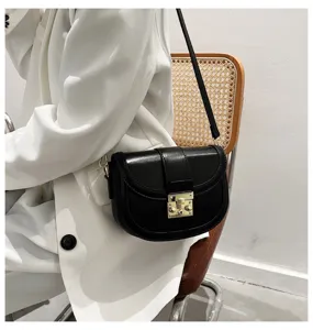 Stylish black saddle bag for women, classic crossbody shoulder bag with metal lock design.