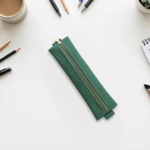 Green PU leather pencil pouch with elastic band for notebook diary stationery organizer.