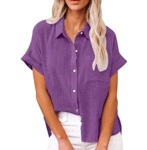 Closeup view of women purple short sleeve linen shirt, casual loose button down blouse detail.