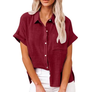 Detailed view of the short sleeve linen shirt, button down collar, casual loose fit design.
