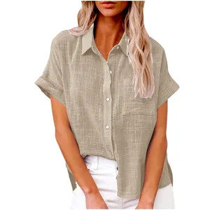 Casual women's short sleeve linen shirt, loose fit button down blouse with front pocket.
